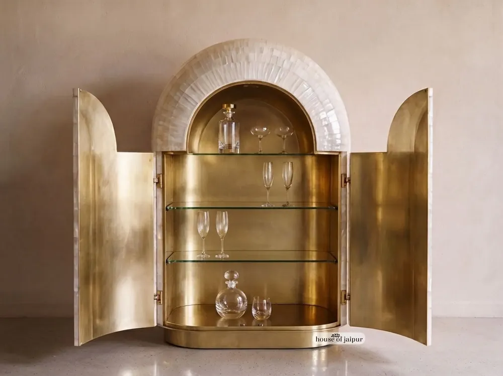 Armoires - Arcana Mother-of-Pearl and Brass Sculptural Bar Cabinet - HOUSE OF JAIPUR