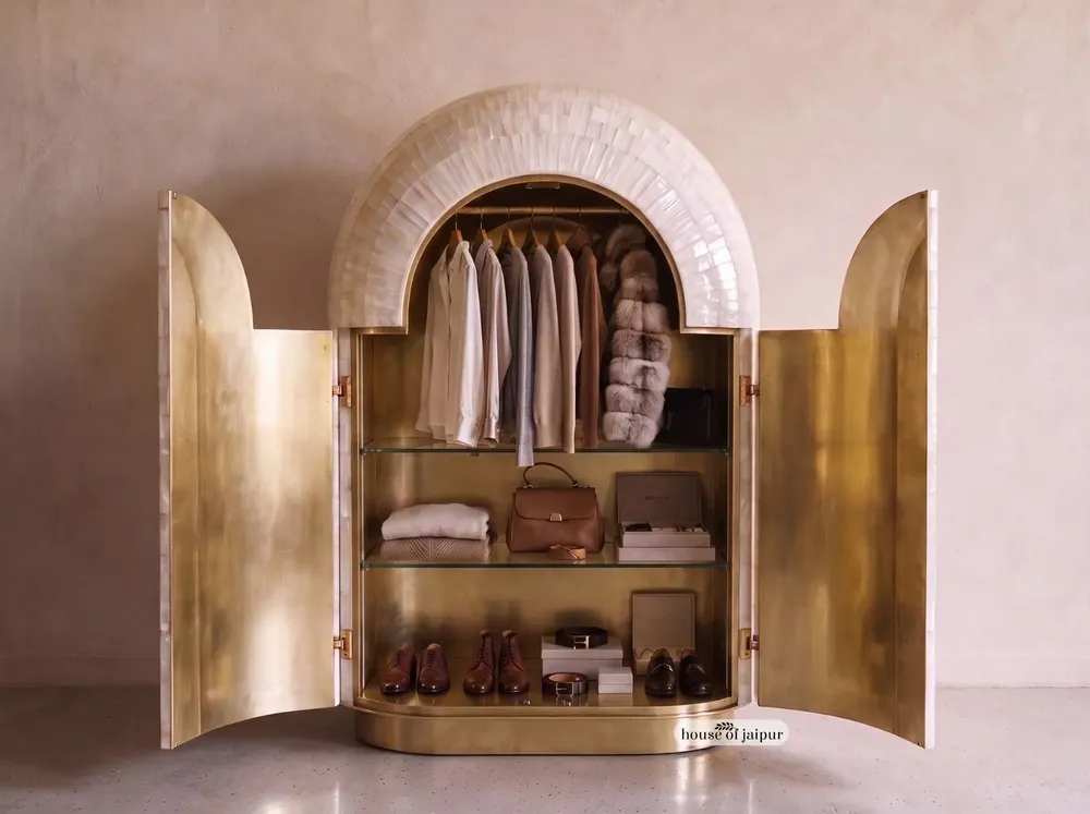 Armoires - Arcana Mother-of-Pearl and Brass Sculptural Bar Cabinet - HOUSE OF JAIPUR