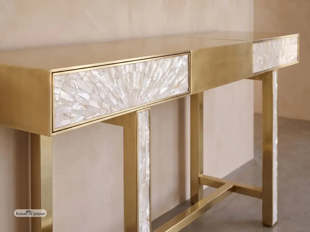 Consoles - Arcana Mother-of-Pearl Inlay and Brass Console Table - HOUSE OF JAIPUR