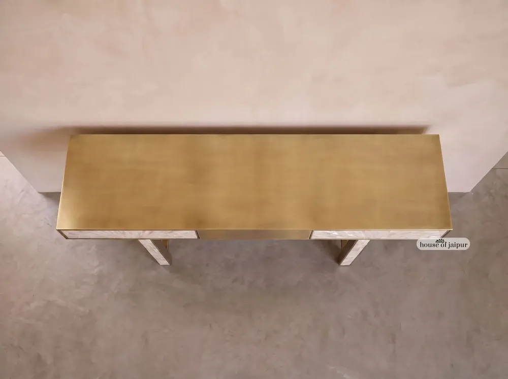 Consoles - Arcana Mother-of-Pearl Inlay and Brass Console Table - HOUSE OF JAIPUR