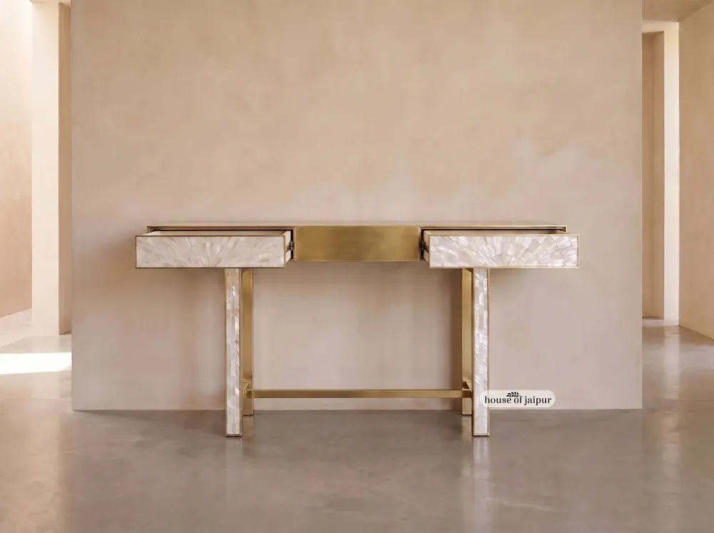 Consoles - Arcana Mother-of-Pearl Inlay and Brass Console Table - HOUSE OF JAIPUR