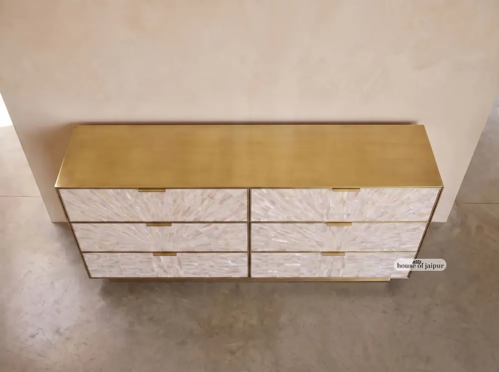 Chests of drawers - Arcana Mother-of-Pearl and Brass Six-Drawer Dresser - HOUSE OF JAIPUR