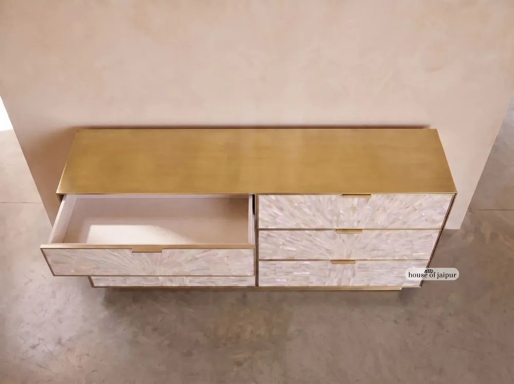 Chests of drawers - Arcana Mother-of-Pearl and Brass Six-Drawer Dresser - HOUSE OF JAIPUR