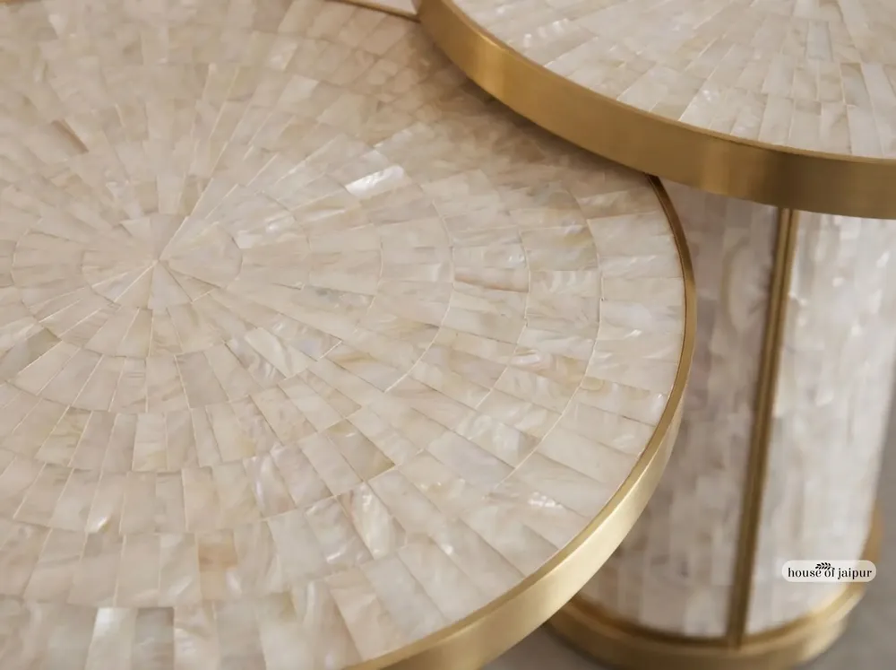 Dining Tables - Arcana Mother-of-Pearl and Brushed-Brass Round Dining Table - HOUSE OF JAIPUR