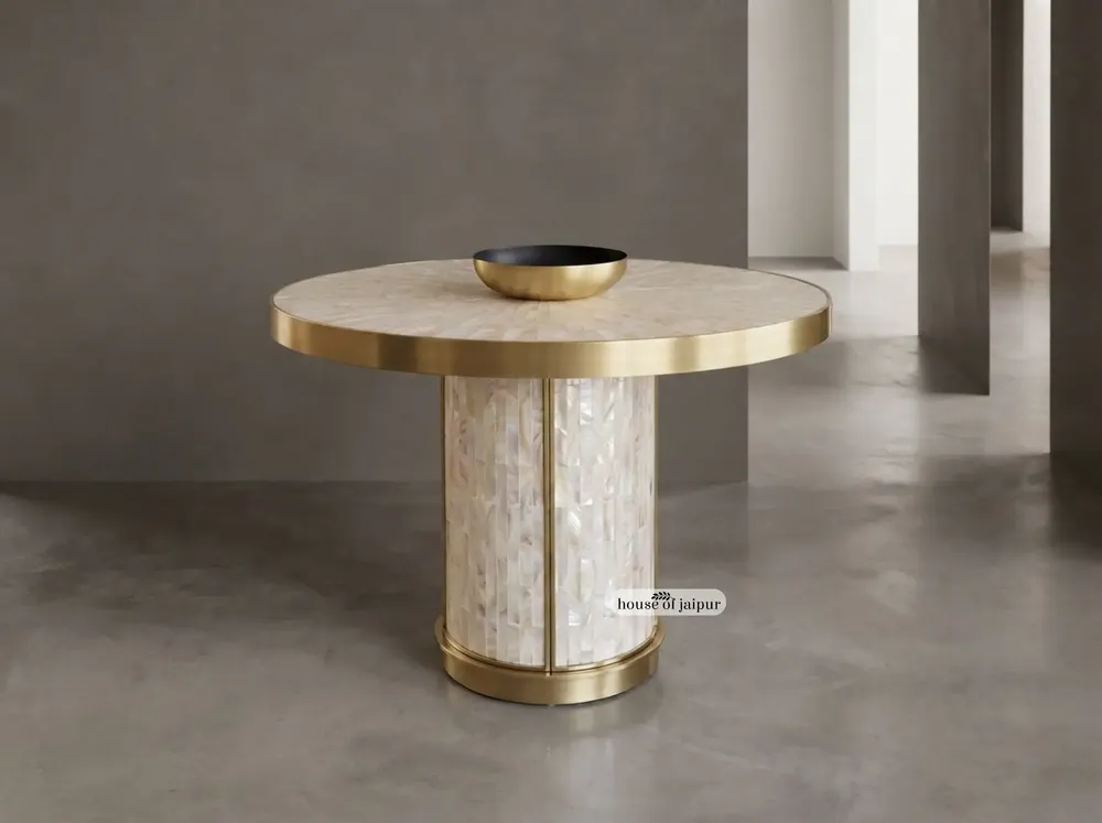 Dining Tables - Arcana Mother-of-Pearl and Brushed-Brass Round Dining Table - HOUSE OF JAIPUR