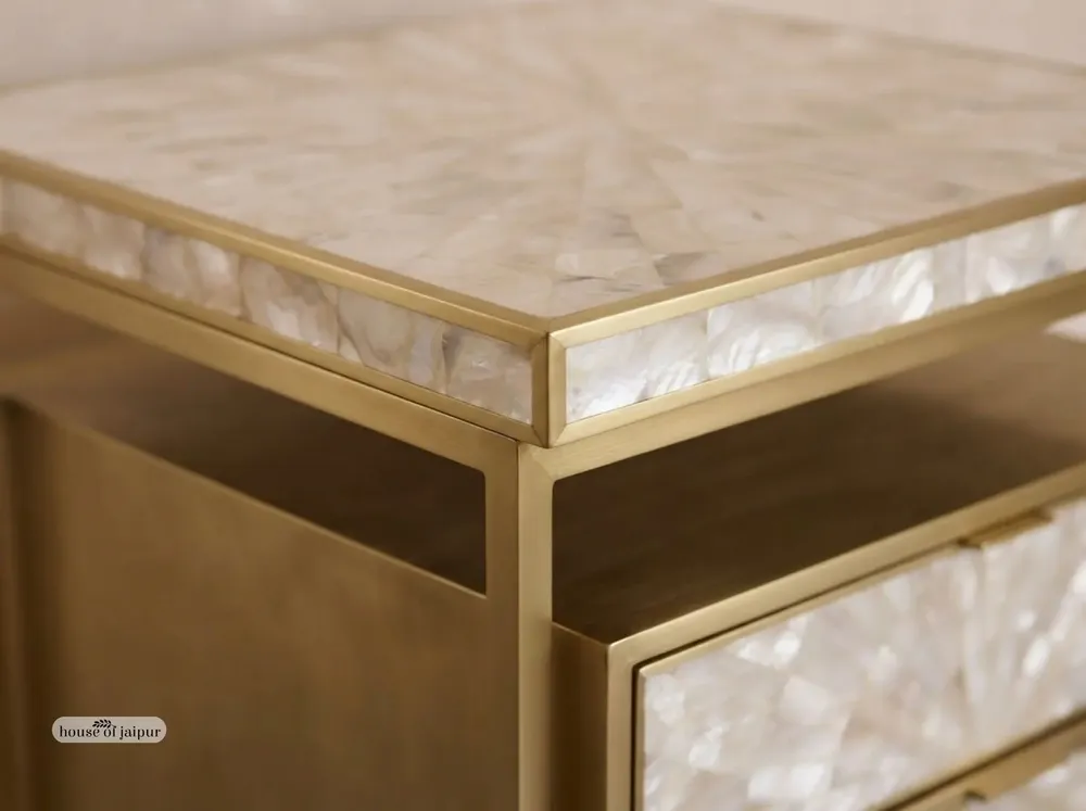 Night tables - Arcana Mother-of-Pearl Sunburst and Brushed-Brass Bedside Table - HOUSE OF JAIPUR