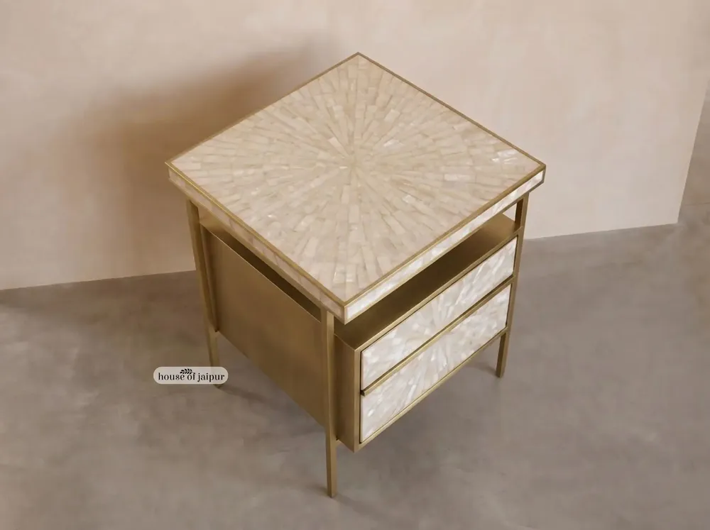 Night tables - Arcana Mother-of-Pearl Sunburst and Brushed-Brass Bedside Table - HOUSE OF JAIPUR