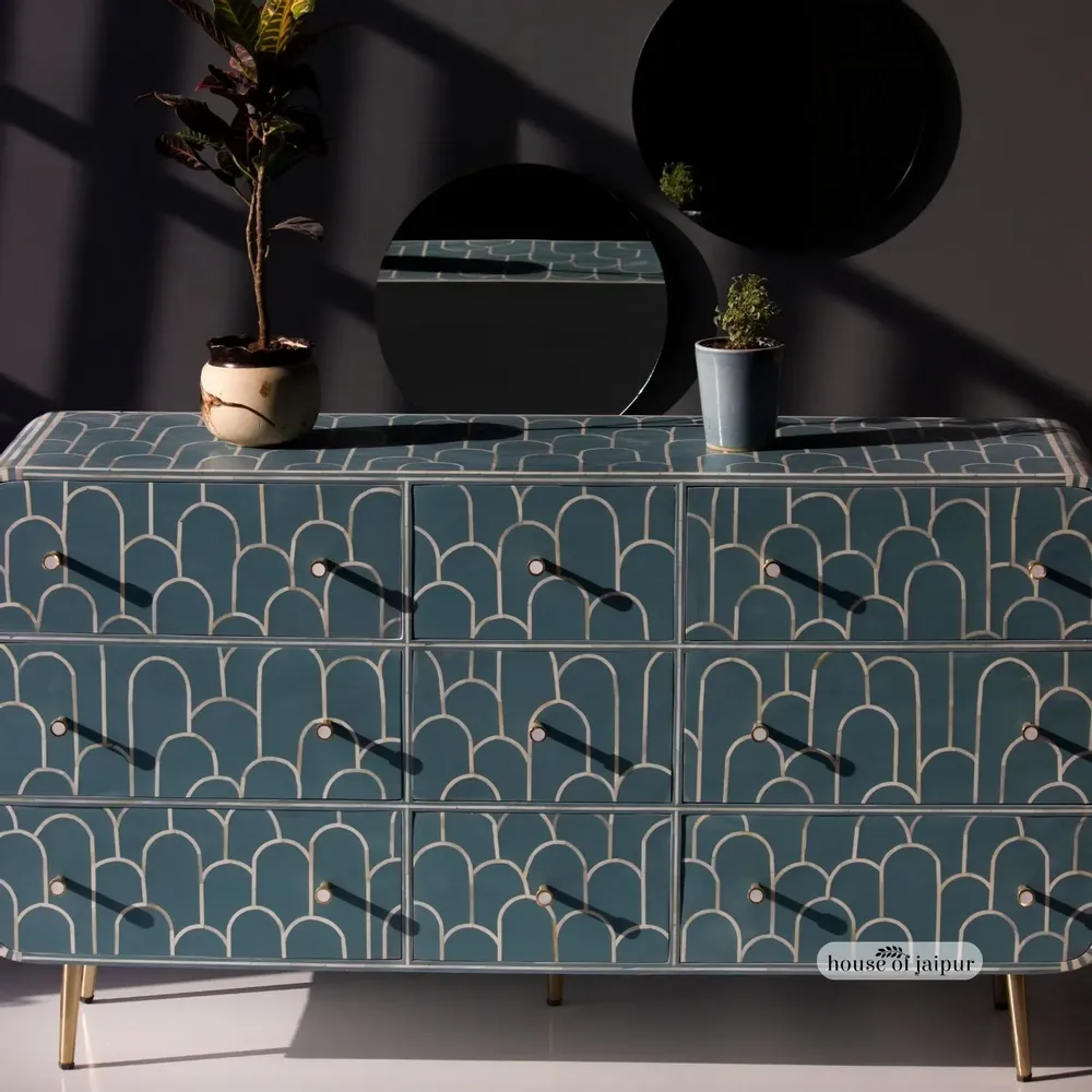 Commodes - Eli Geometric Bone Inlay Chest of Drawers - HOUSE OF JAIPUR