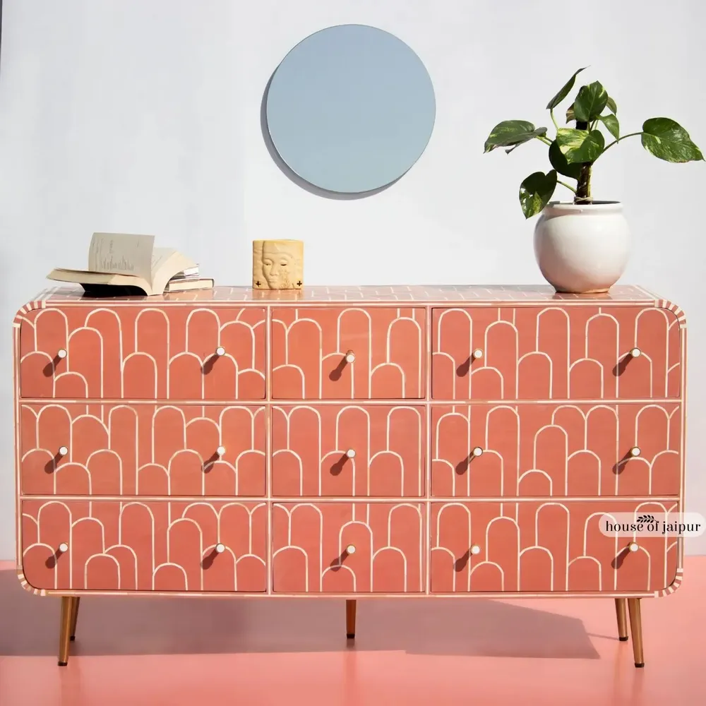 Commodes - Eli Geometric Bone Inlay Chest of Drawers - HOUSE OF JAIPUR