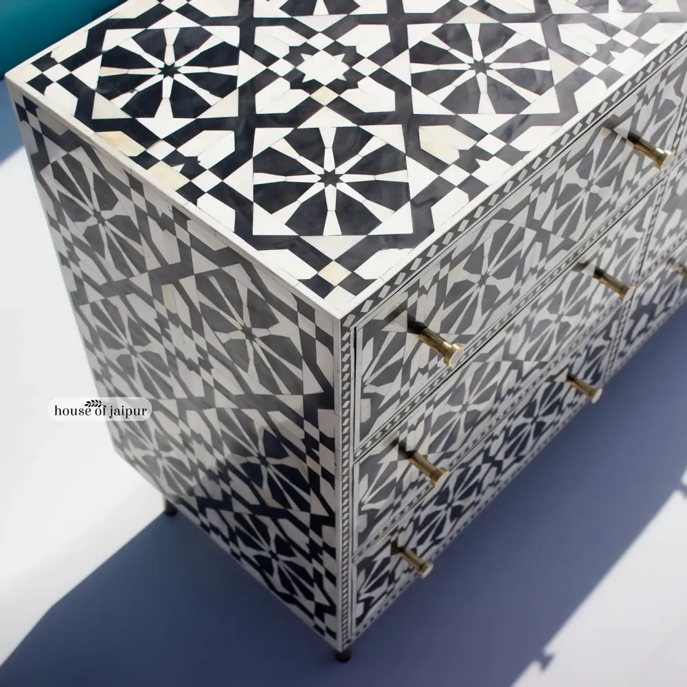 Chiffonniers - Moroccan Pattern Bone Inlay Chest of Drawers by House of Jaipur - HOUSE OF JAIPUR