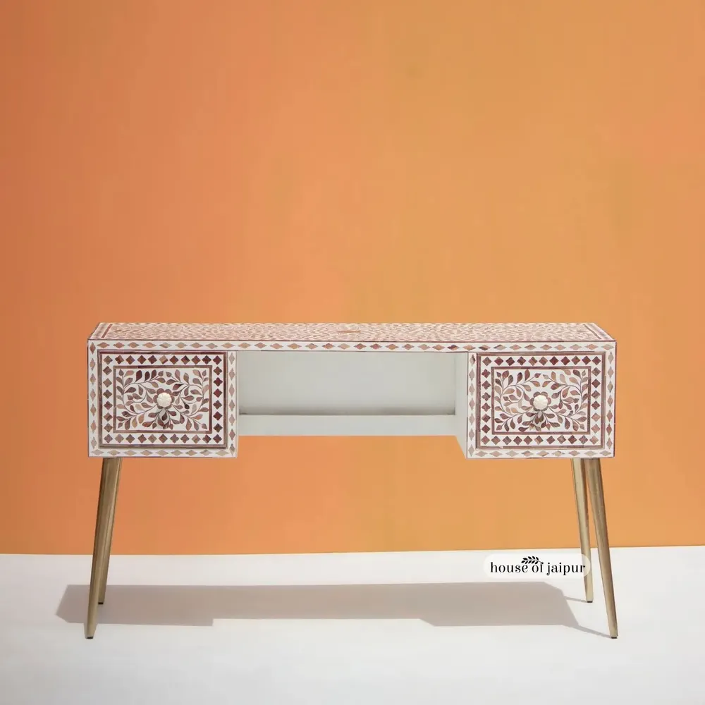 Bureaux - Teak Wood Inlay Work Desk by House of Jaipur - HOUSE OF JAIPUR