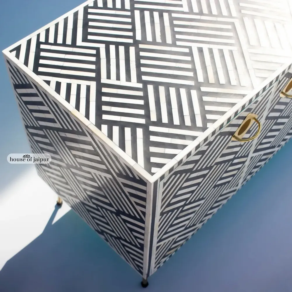 TV stands - Monochrome Media Console — Bone Inlay - HOUSE OF JAIPUR
