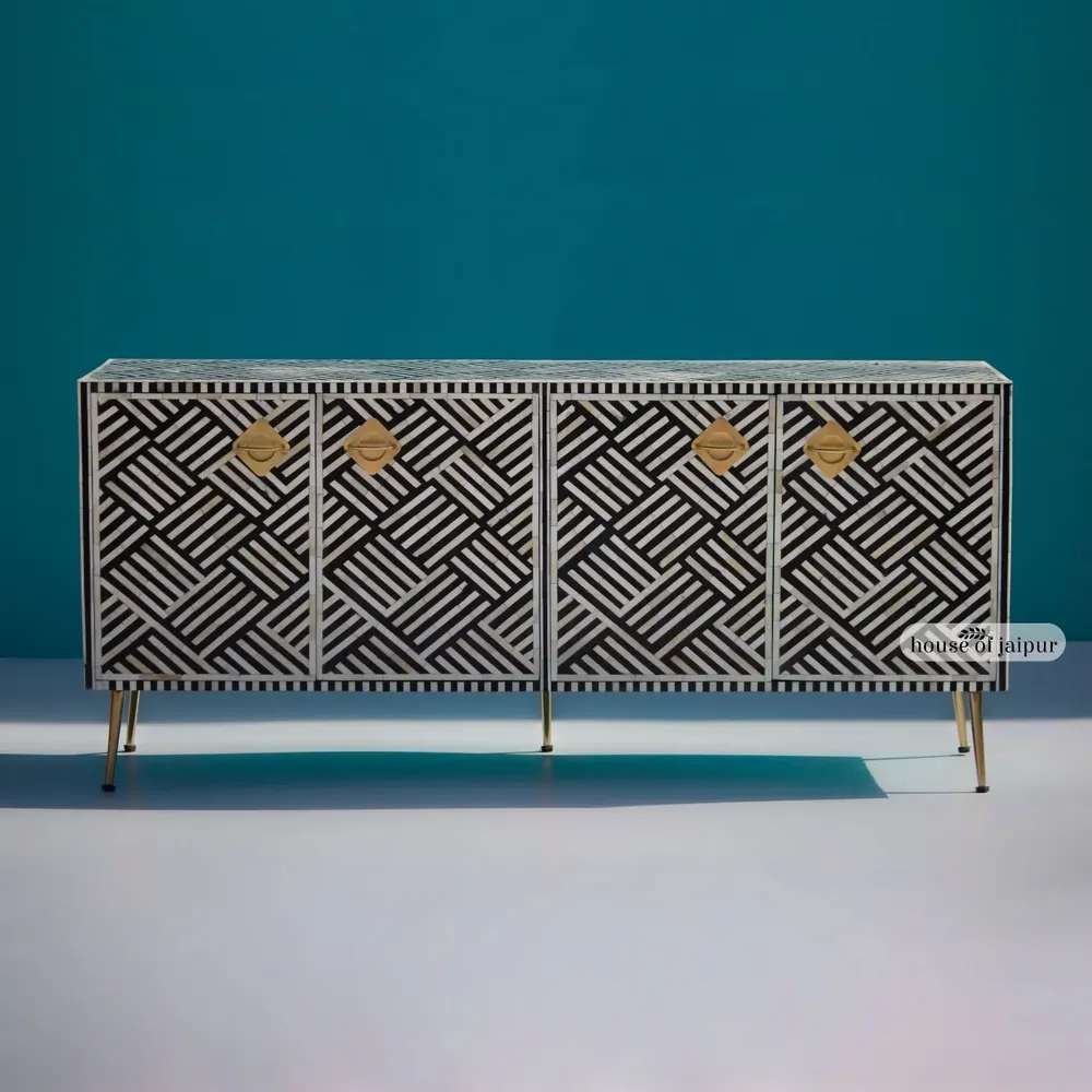 TV stands - Monochrome Media Console — Bone Inlay - HOUSE OF JAIPUR