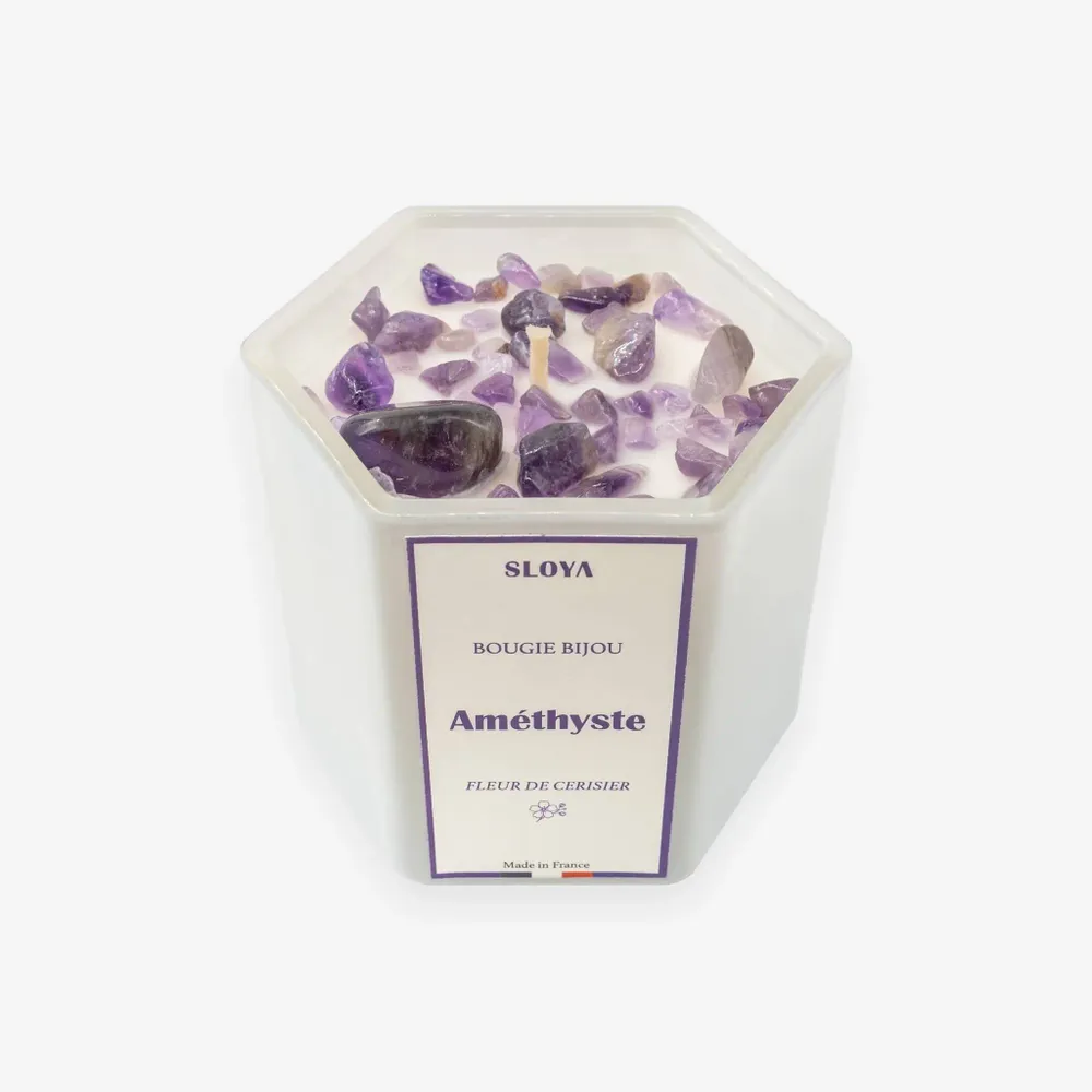 Cadeaux - Bougie bijou pierres Améthyste - parfum Fleur de Cerisier - SLOYA