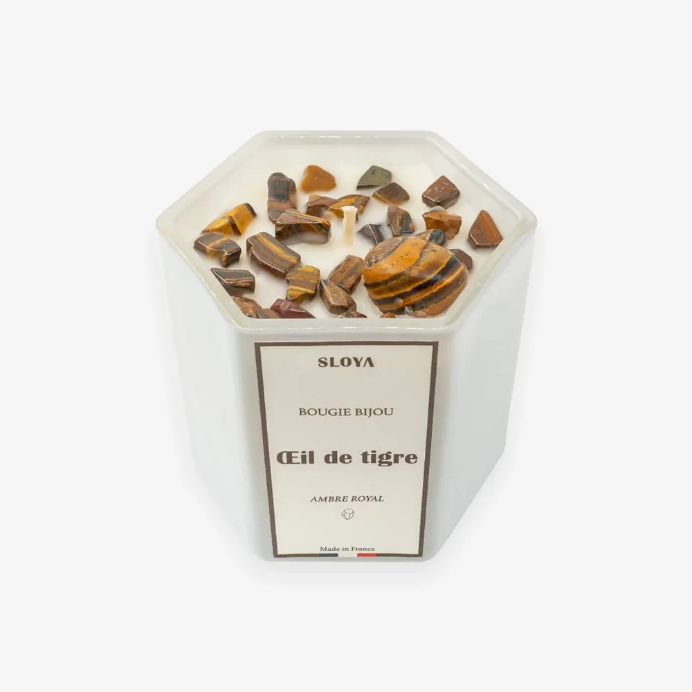 Cadeaux - Bougie bijou pierres Oeil de Tigre - parfum Ambre Royal - SLOYA