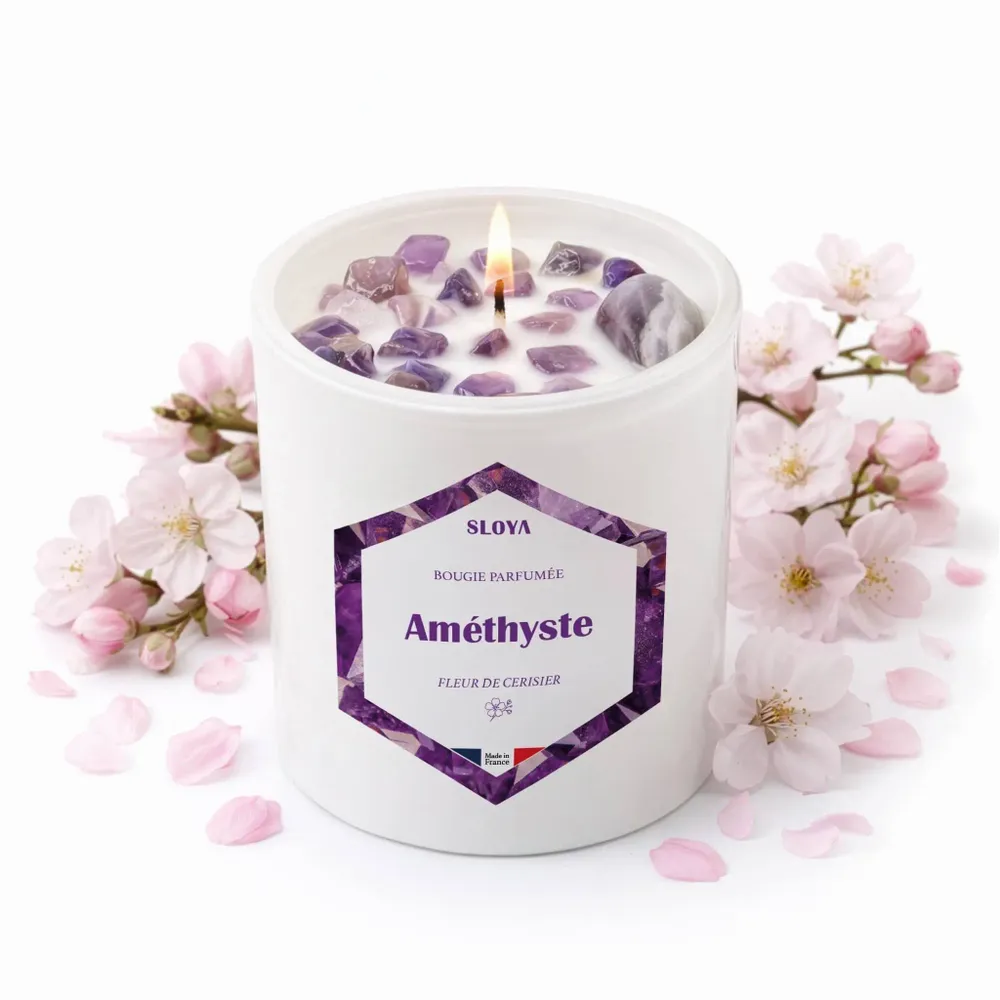 Objets de décoration - Bougie pierres Améthyste - parfum Fleur de Cerisier - SLOYA