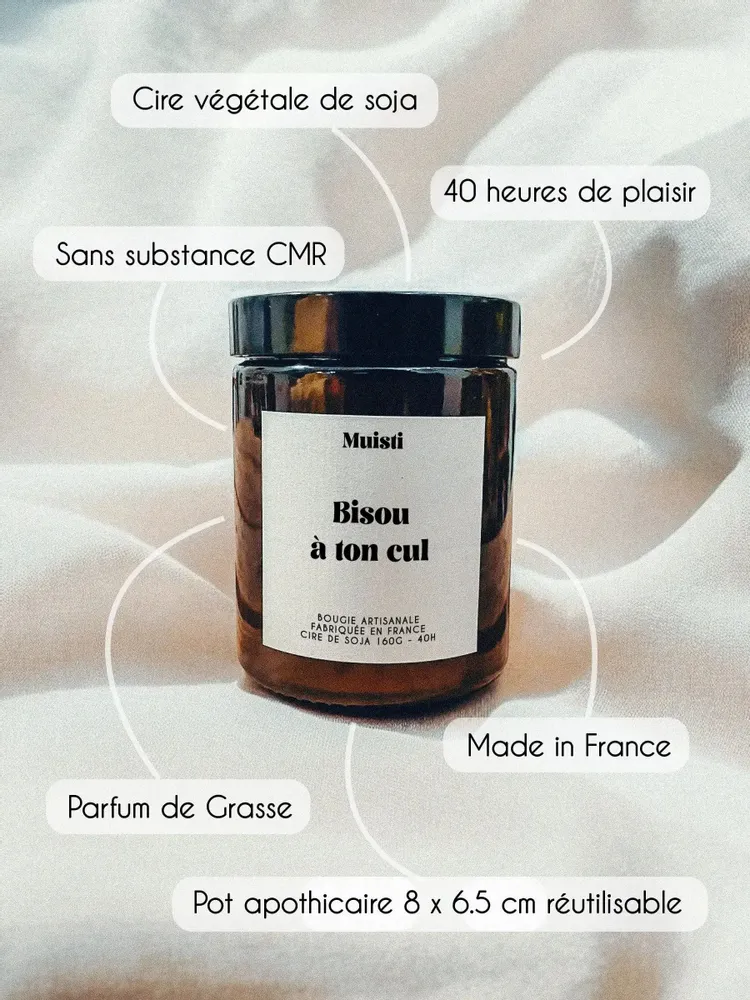 Cadeaux - Bougie Parfumée - Bisou à ton cul - Musc blanc – 160g - MUISTI