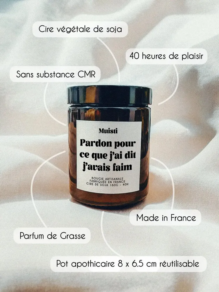 Cadeaux - Bougie Parfumée - Pardon pour ce que j'ai dit j'avais faim - Musc blanc – 160g - MUISTI