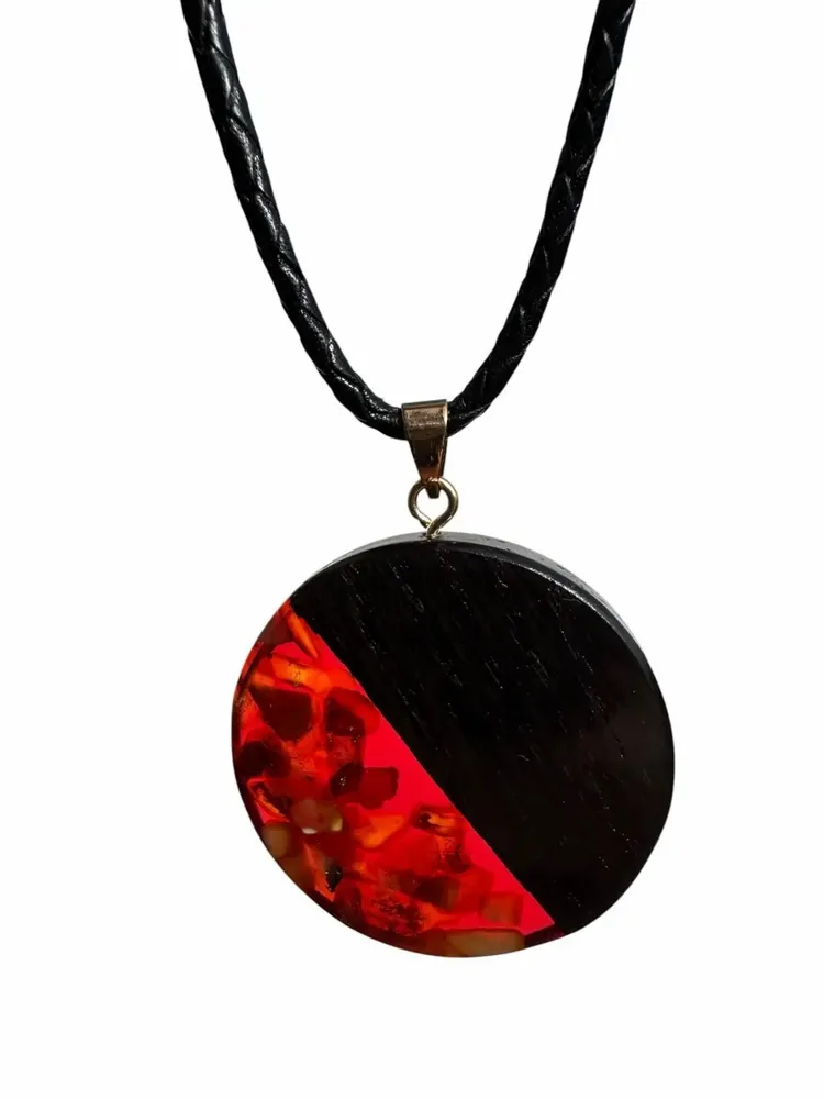 Jewelry - Bog Oak & Baltic Amber Pendant – Round, 40x40x6 mm – Baltic Ember Halo - GLASS4CANDLES