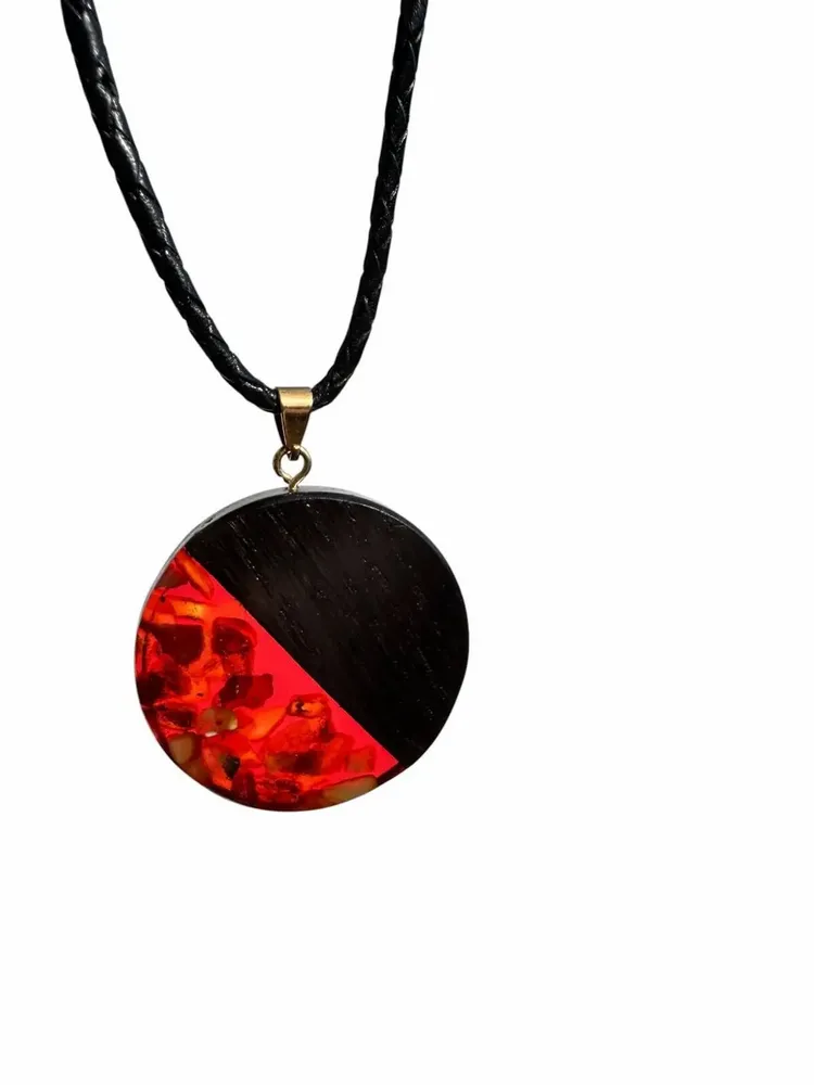 Jewelry - Bog Oak & Baltic Amber Pendant – Round, 40x40x6 mm – Baltic Ember Halo - GLASS4CANDLES
