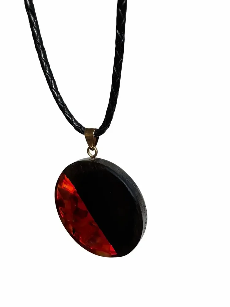 Jewelry - Bog Oak & Baltic Amber Pendant – Round, 40x40x6 mm – Baltic Ember Halo - GLASS4CANDLES