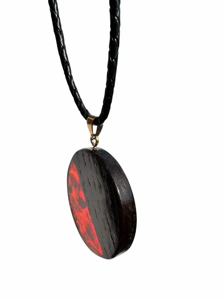 Jewelry - Bog Oak & Baltic Amber Pendant – Round, 40x40x6 mm – Baltic Ember Halo - GLASS4CANDLES
