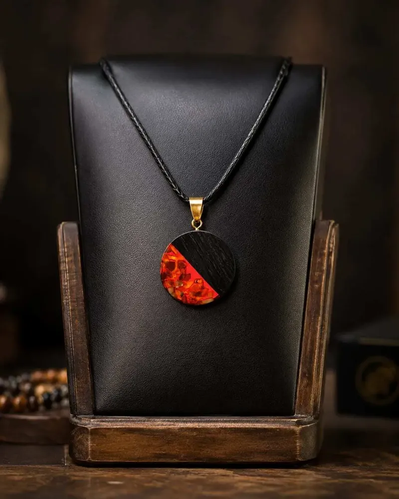 Jewelry - Bog Oak & Baltic Amber Pendant – Round, 40x40x6 mm – Baltic Ember Halo - GLASS4CANDLES
