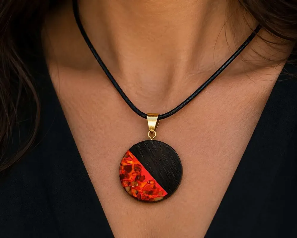 Jewelry - Bog Oak & Baltic Amber Pendant – Round, 40x40x6 mm – Baltic Ember Halo - GLASS4CANDLES