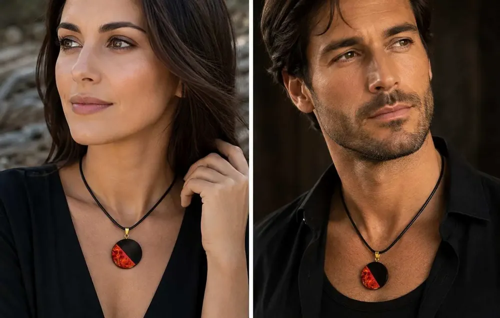 Jewelry - Bog Oak & Baltic Amber Pendant – Round, 40x40x6 mm – Baltic Ember Halo - GLASS4CANDLES