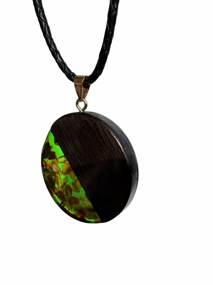 Jewelry - Bog Oak & Baltic Amber Pendant – Round, 40x40x6 mm – Green Halo Disc - GLASS4CANDLES