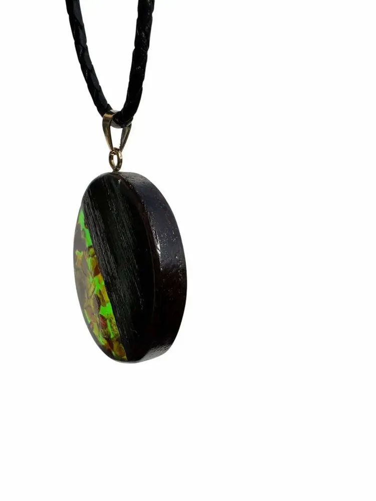 Jewelry - Bog Oak & Baltic Amber Pendant – Round, 40x40x6 mm – Green Halo Disc - GLASS4CANDLES