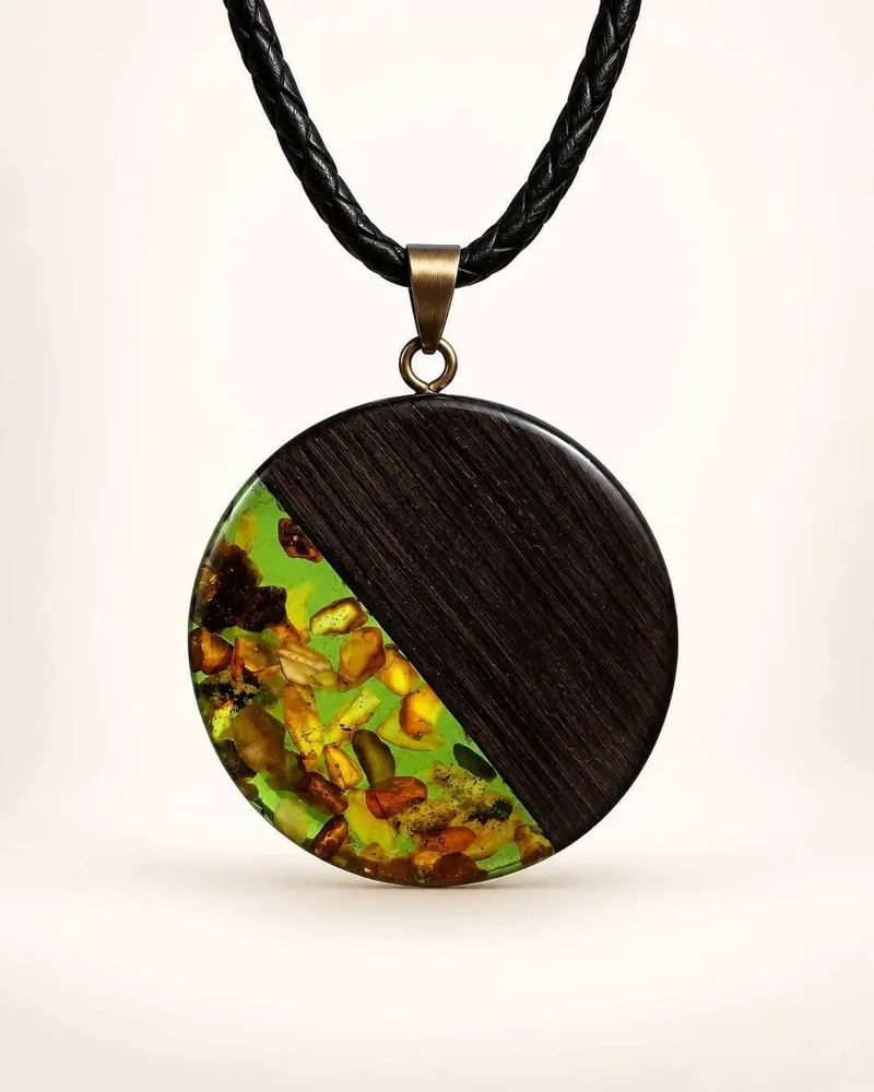 Jewelry - Bog Oak & Baltic Amber Pendant – Round, 40x40x6 mm – Green Halo Disc - GLASS4CANDLES