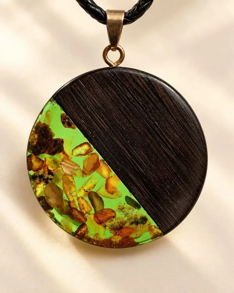 Jewelry - Bog Oak & Baltic Amber Pendant – Round, 40x40x6 mm – Green Halo Disc - GLASS4CANDLES