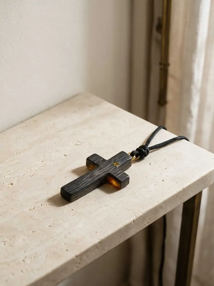 Jewelry - Bog Oak Pendant – Cross, 45x25x6 mm – Black Oak Cross Necklace - GLASS4CANDLES