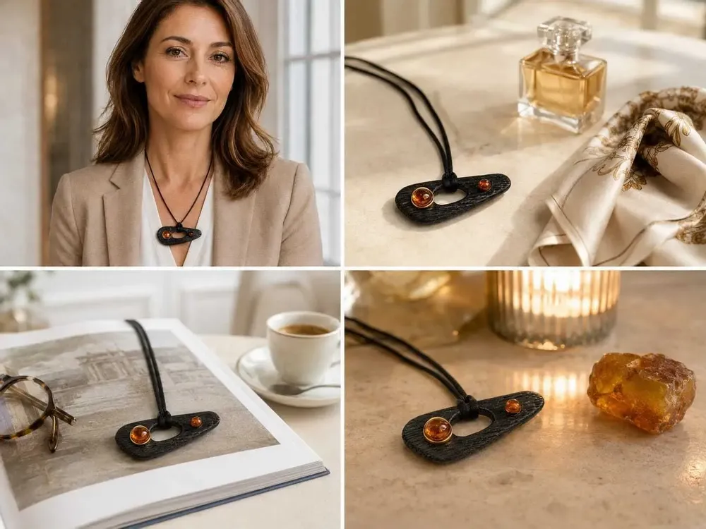 Jewelry - Bog Oak & Baltic Amber Pendant – Black, 55x25x8 mm – Shield of Time - GLASS4CANDLES