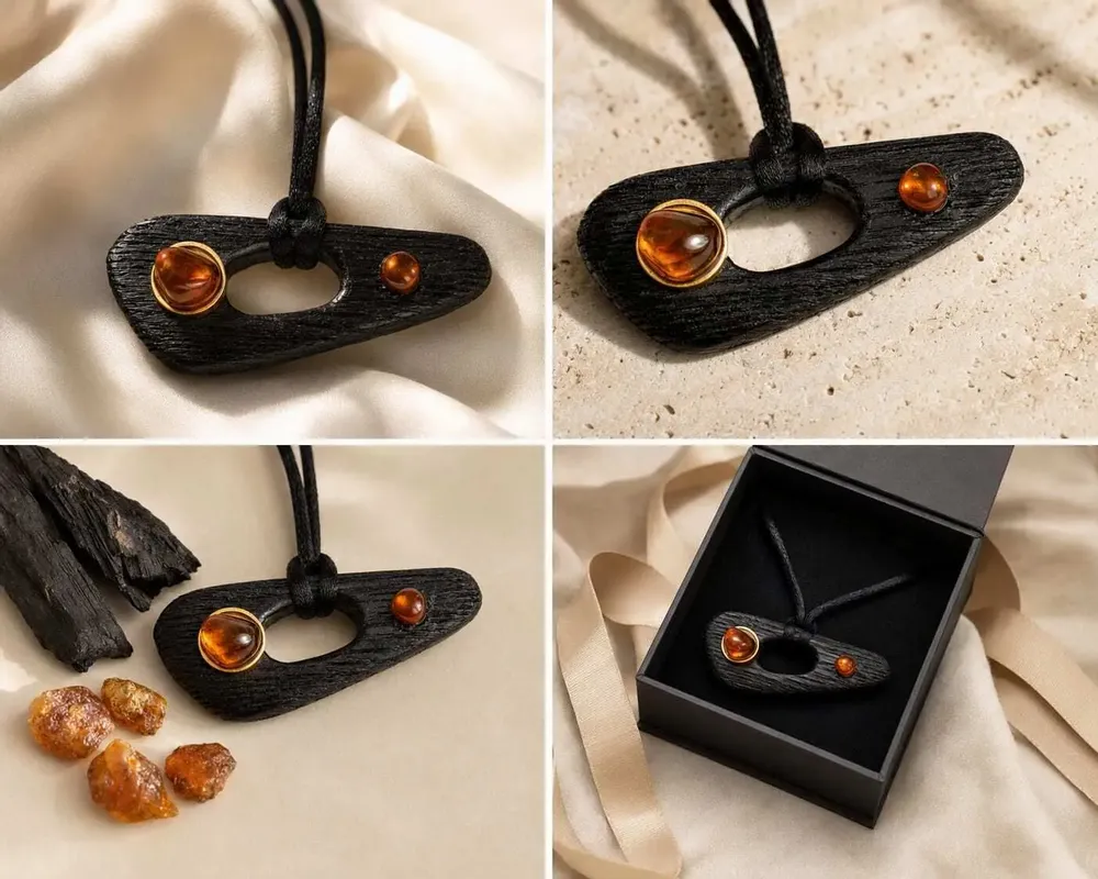 Jewelry - Bog Oak & Baltic Amber Pendant – Black, 55x25x8 mm – Shield of Time - GLASS4CANDLES