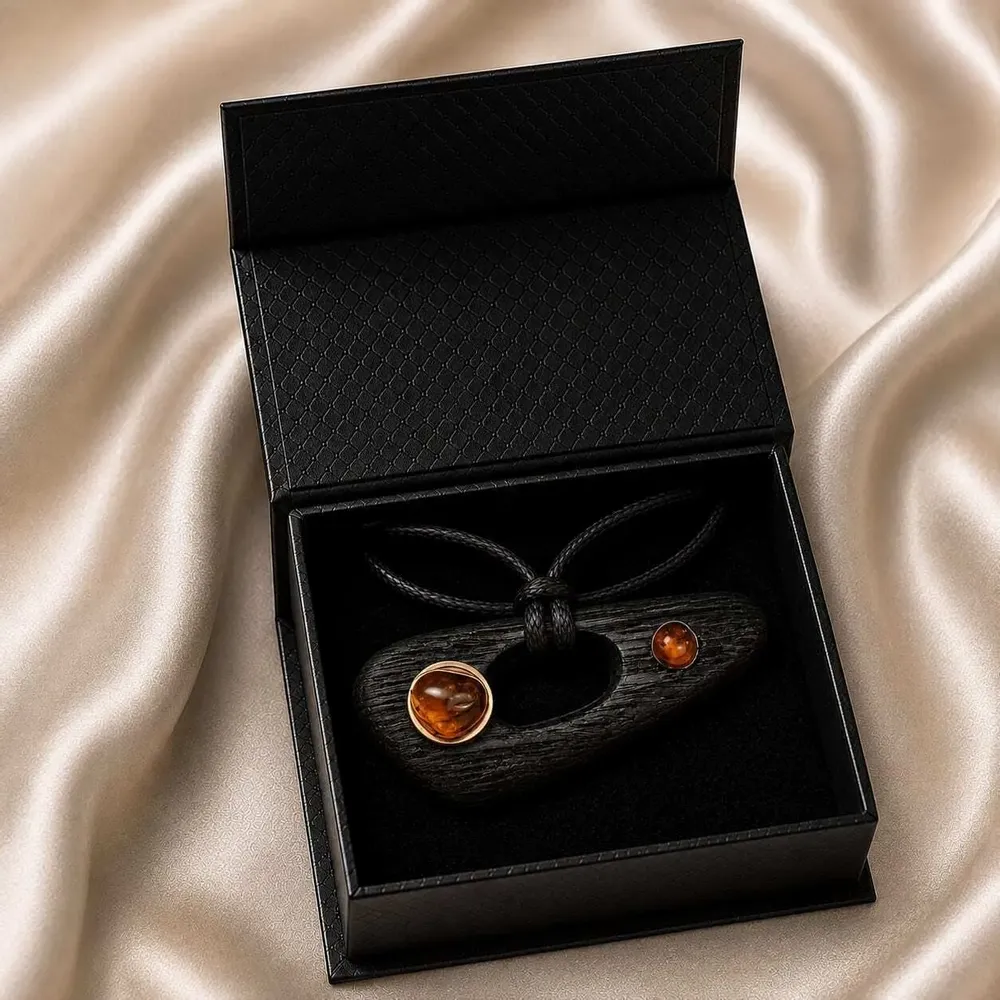 Jewelry - Bog Oak & Baltic Amber Pendant – Black, 55x25x8 mm – Shield of Time - GLASS4CANDLES