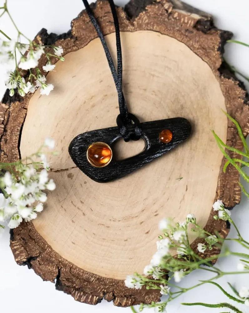 Jewelry - Bog Oak & Baltic Amber Pendant – Black, 55x25x8 mm – Shield of Time - GLASS4CANDLES
