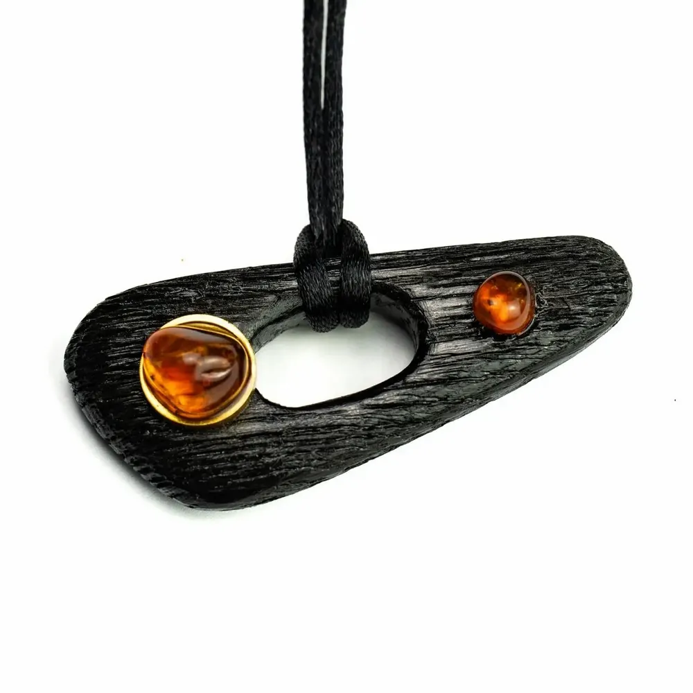 Jewelry - Bog Oak & Baltic Amber Pendant – Black, 55x25x8 mm – Shield of Time - GLASS4CANDLES