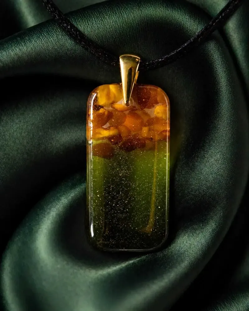 Jewelry - Baltic Amber & Resin Pendant – Rectangle, 38x18x6 mm – Emerald Reverie - GLASS4CANDLES