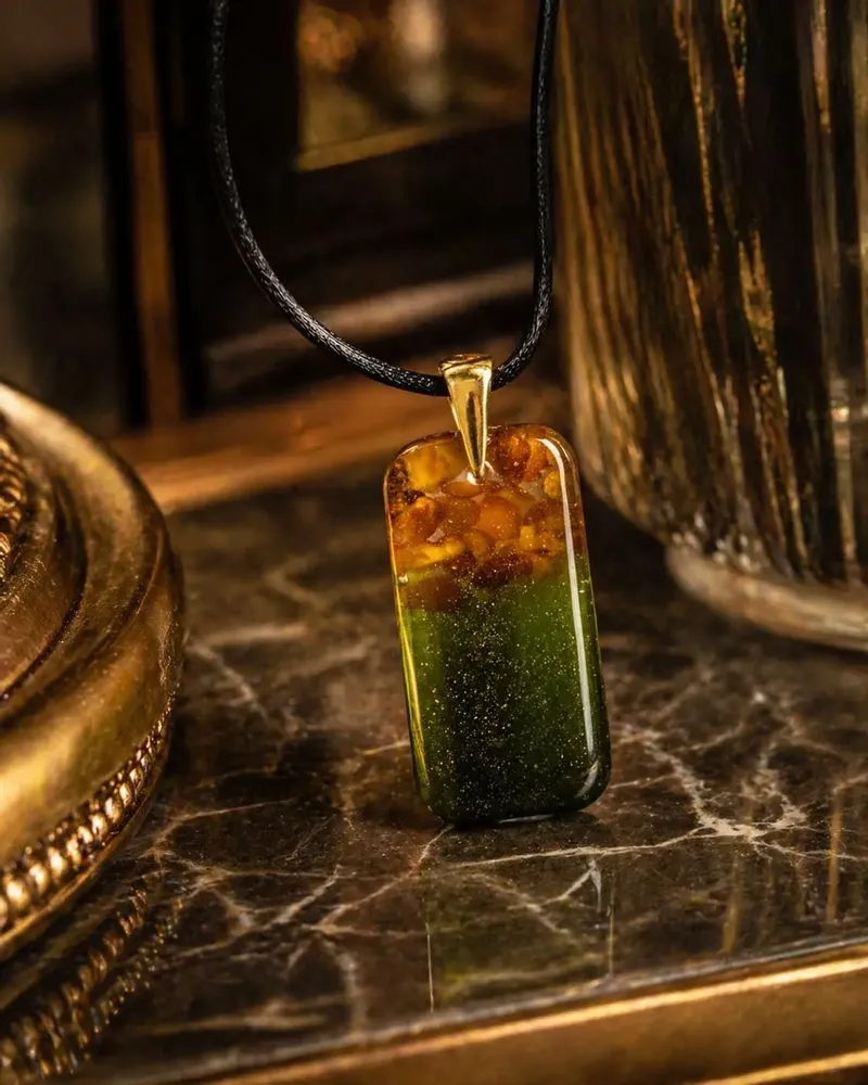 Jewelry - Baltic Amber & Resin Pendant – Rectangle, 38x18x6 mm – Emerald Reverie - GLASS4CANDLES