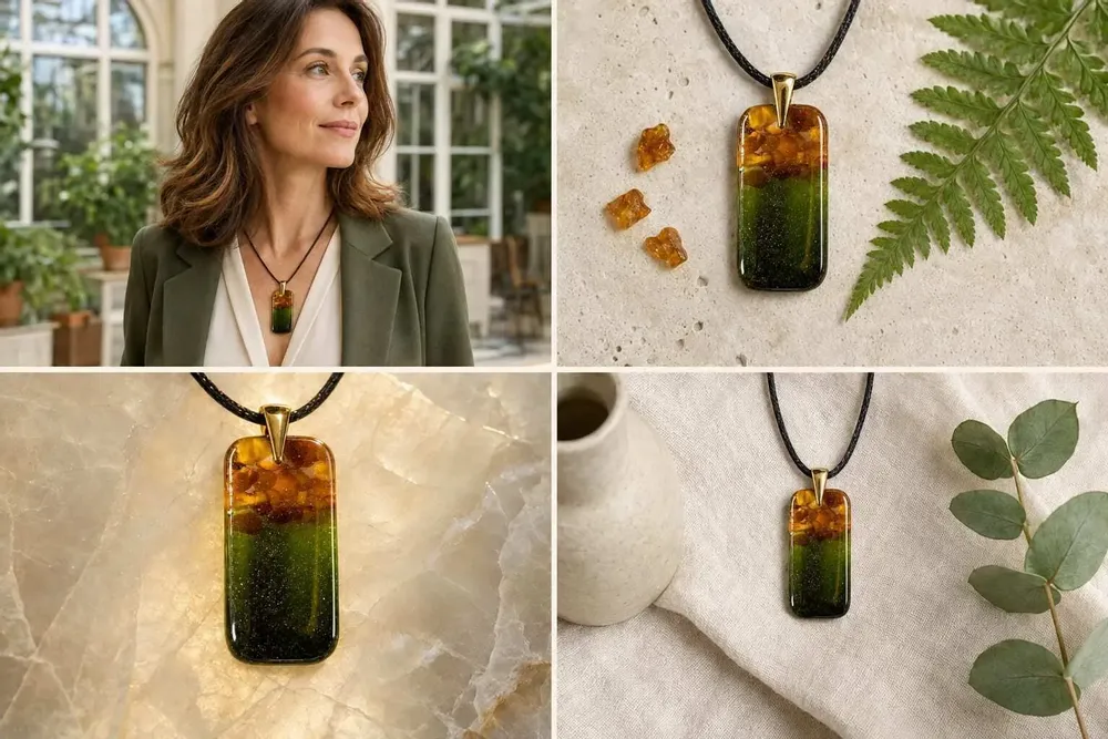 Jewelry - Baltic Amber & Resin Pendant – Rectangle, 38x18x6 mm – Emerald Reverie - GLASS4CANDLES
