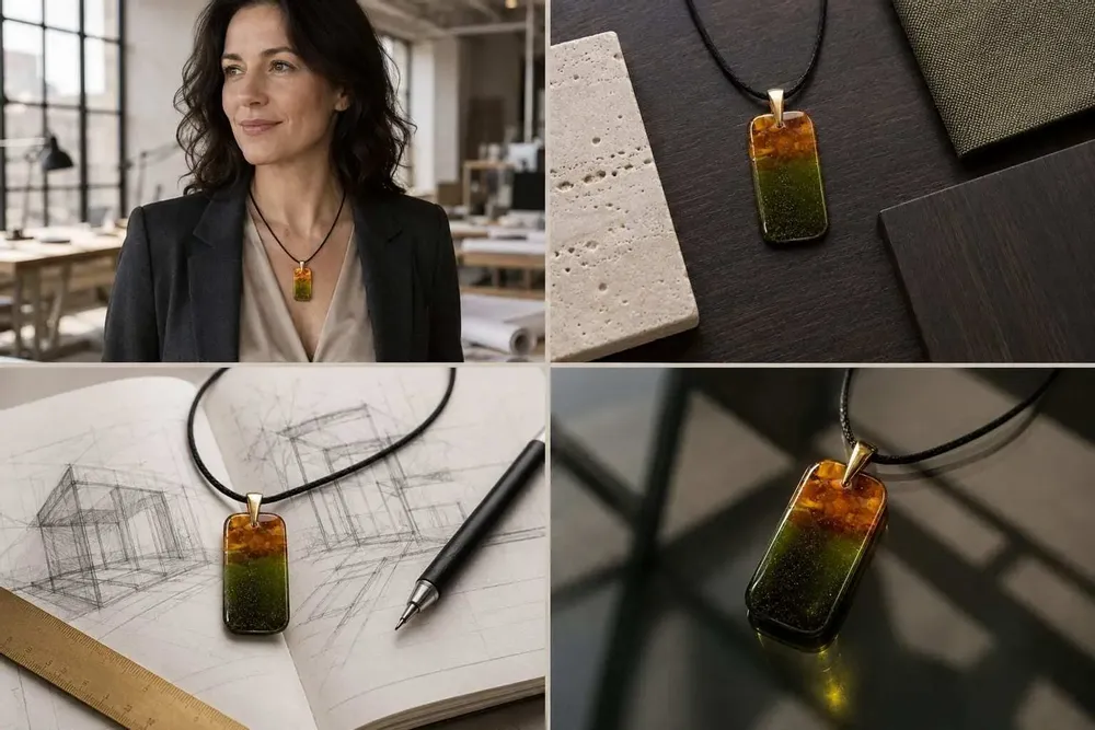 Jewelry - Baltic Amber & Resin Pendant – Rectangle, 38x18x6 mm – Emerald Reverie - GLASS4CANDLES