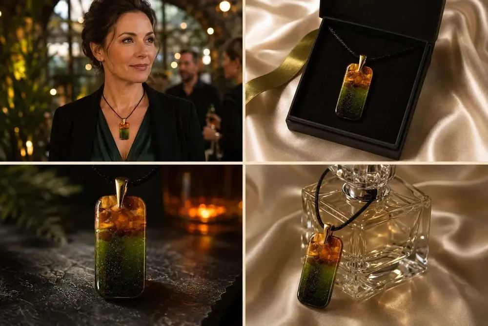 Jewelry - Baltic Amber & Resin Pendant – Rectangle, 38x18x6 mm – Emerald Reverie - GLASS4CANDLES