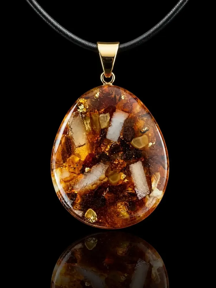 Jewelry - Baltic Amber & Selenite Pendant – Oval, 55x35x6 mm – Amber Shadow - GLASS4CANDLES