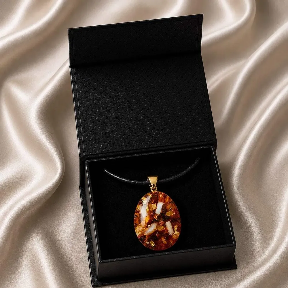 Jewelry - Baltic Amber & Selenite Pendant – Oval, 55x35x6 mm – Amber Shadow - GLASS4CANDLES