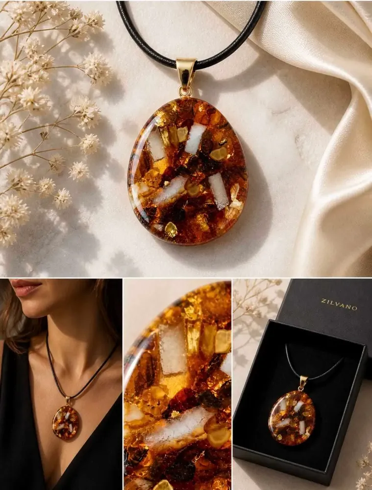 Jewelry - Baltic Amber & Selenite Pendant – Oval, 55x35x6 mm – Amber Shadow - GLASS4CANDLES