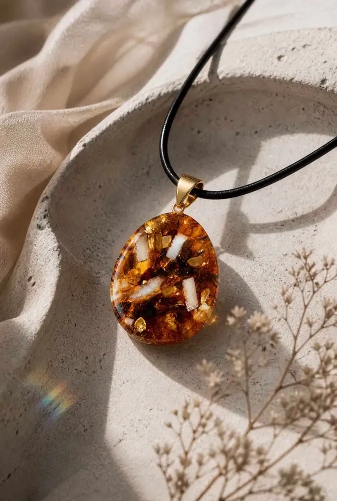 Jewelry - Baltic Amber & Selenite Pendant – Oval, 55x35x6 mm – Amber Shadow - GLASS4CANDLES
