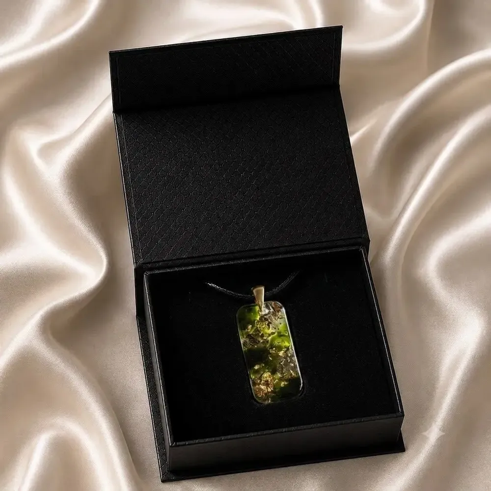 Jewelry - Resin & Gold-Tone Leaf Pendant – Rectangle – Golden Reflections - GLASS4CANDLES