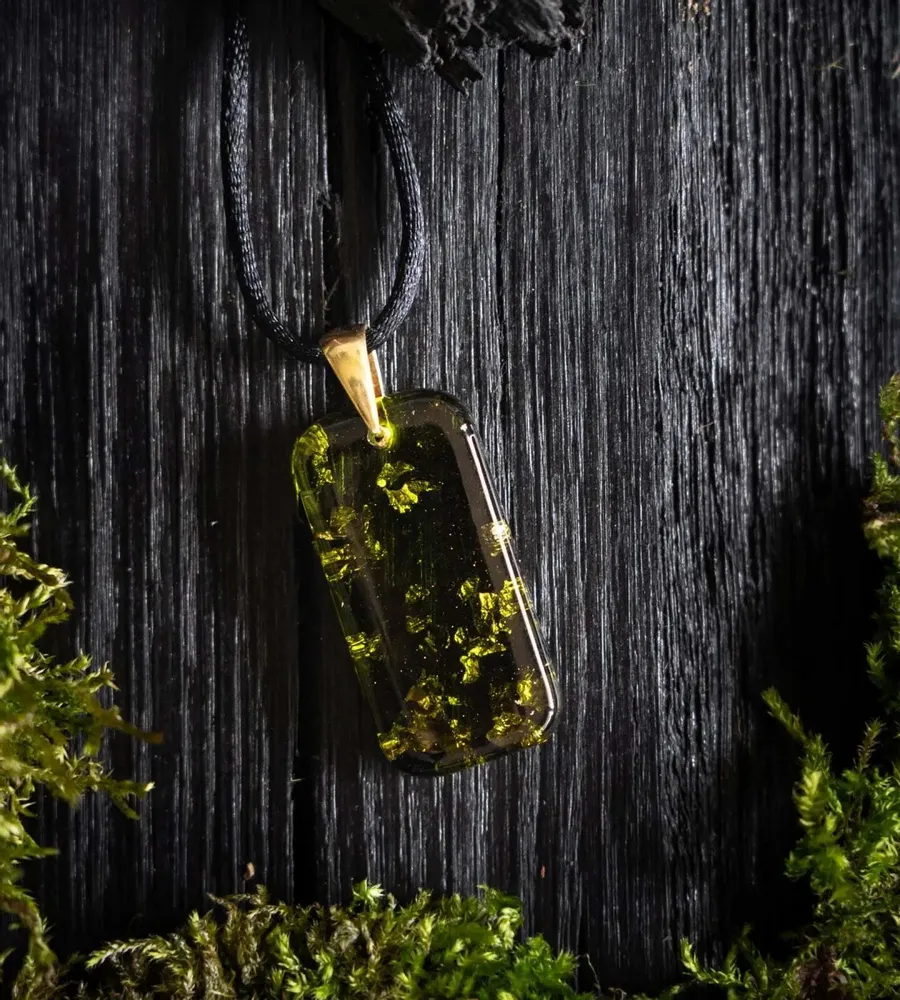 Jewelry - Resin & Gold-Tone Leaf Pendant – Rectangle – Golden Reflections - GLASS4CANDLES